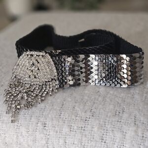 Vintage Streched metal scale wide statement belt color silver tone
